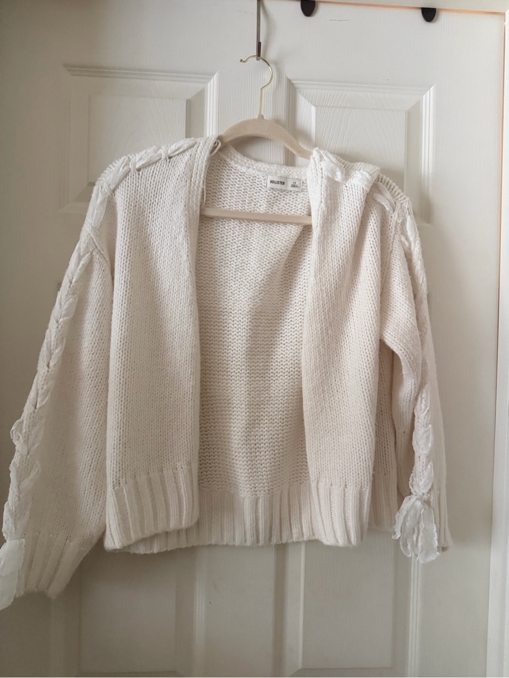 Hollister White Open-Front Knit Cardigan with Lace Ties